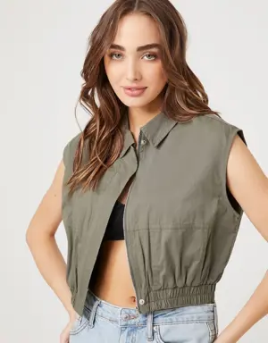 Forever 21 Twill Zip Up Cropped Vest Olive