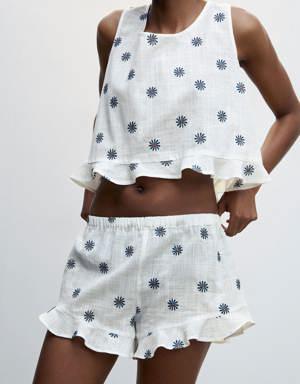 Flower embroidered pajama shorts