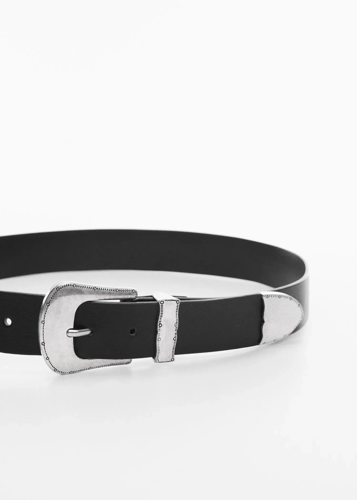 Mango Engraved buckle belt. a close-up of a black and silver belt. 