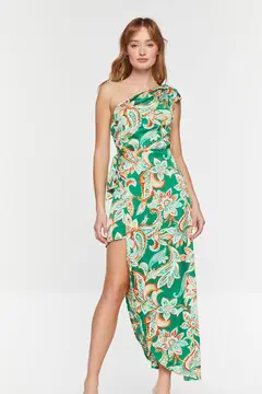 Forever 21 Forever 21 Floral Satin One Shoulder Dress Green/Multi. 2