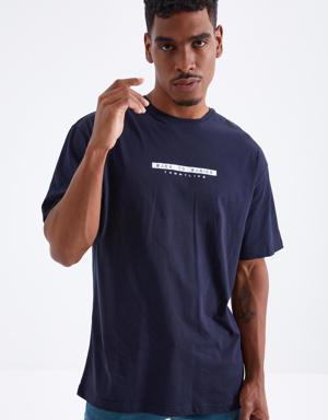 Lacivert Sırtı Yazı Baskılı O Yaka Erkek Oversize T-Shirt - 88100