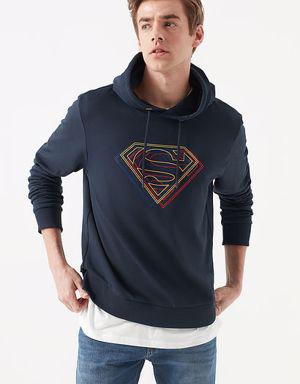 Superman Baskılı Kapüşonlu Lacivert Sweatshirt