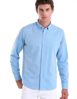 Turkuaz Comfort Fit Düz 100% Pamuk Düğmeli Yaka Uzun Kollu Casual Oxford Gömlek