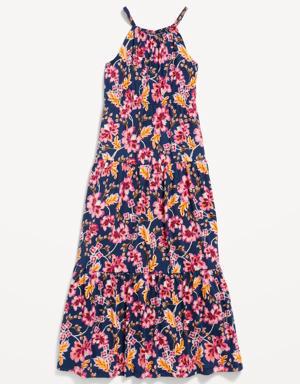 Printed Sleeveless Waist-Defined Tiered Smocked Maxi Dress for Girls blue