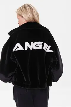 Forever 21 Forever 21 Faux Fur Angel Graphic Jacket Black/White. 2