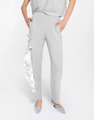 Grey Tracksuit With Side Seam Ruffle Detail Ruffle Top Embroidered Waist Elastic