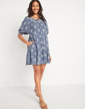 Puff-Sleeve Smocked Embroidered Tiered Mini Swing Dress for Women blue