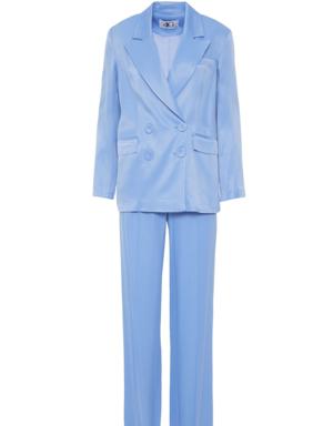 Shiny Satin Fabric Blue Suit With Double-breasted Closed Blazer Jacket
