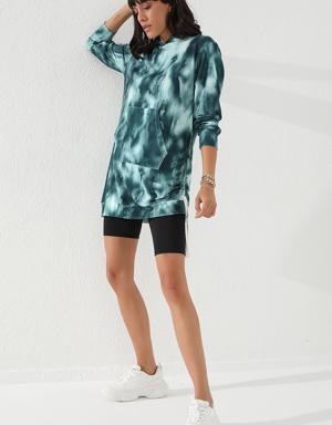 Yeşil Karışık Desenli Büzgü Detaylı Rahat Form Kapüşonlu Kadın Sweatshirt - 97131
