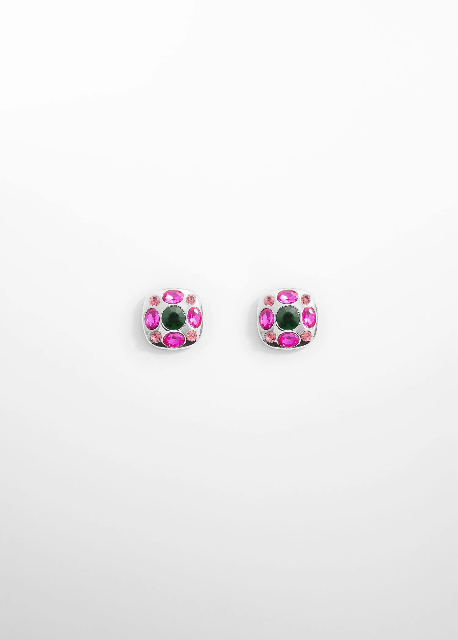 Mango Faceted crystal earring. a pair of pink and purple earrings on a white surface. 