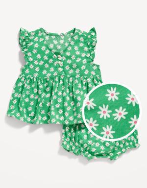 Printed Poplin Flutter-Sleeve Top & Bloomer Shorts Set for Baby green