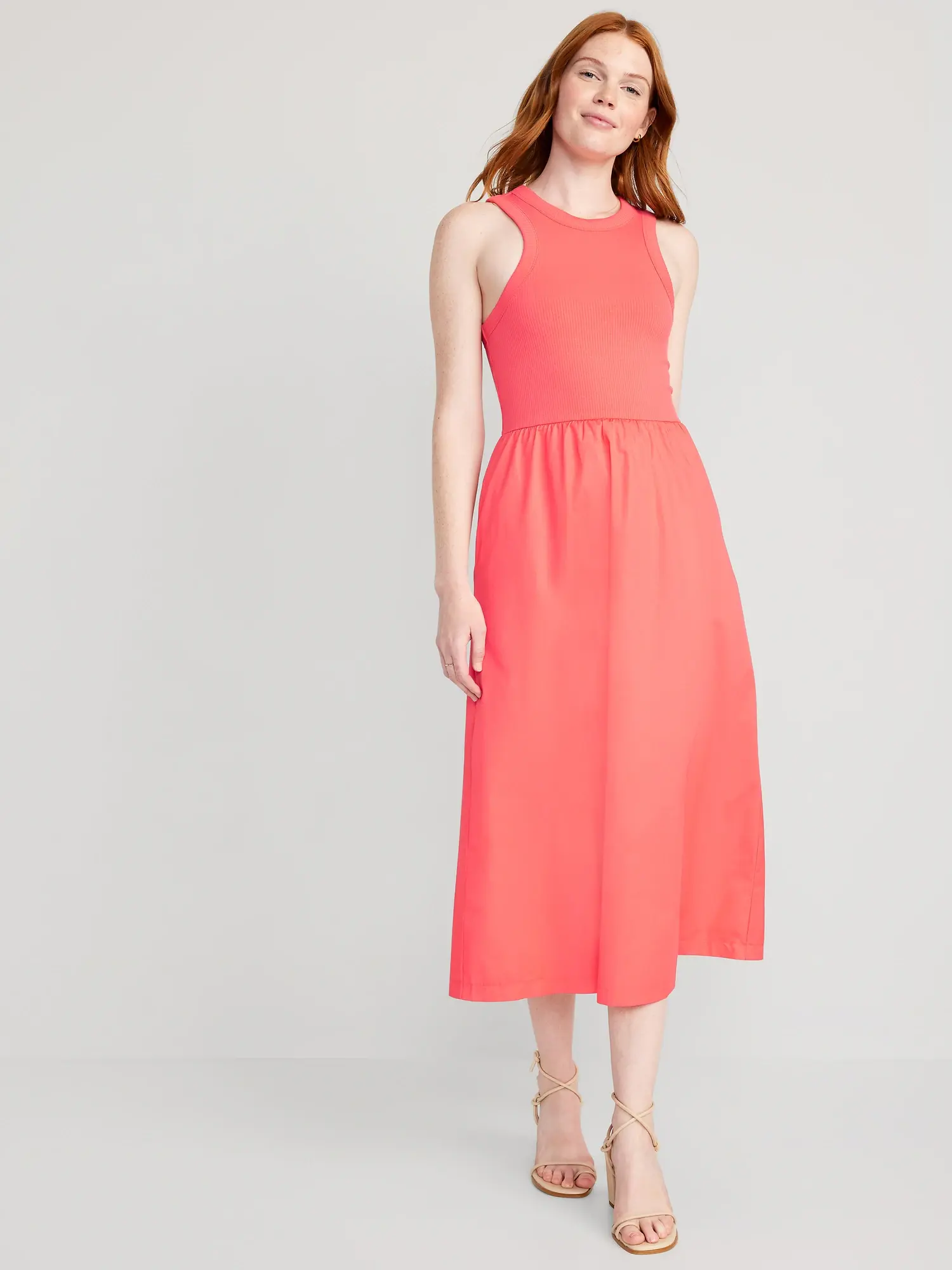 Old Navy Fit & Flare High-Neck Combination Midi Dress for Women pink. 1
