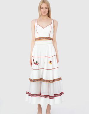 Organza Garnish Stripe And Ethnic Accessory Detail Ecru Skirt