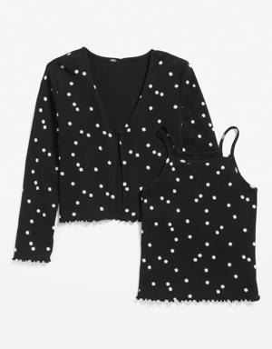 Printed Rib-Knit Open-Front Button Cardigan & Cami Set for Girls black