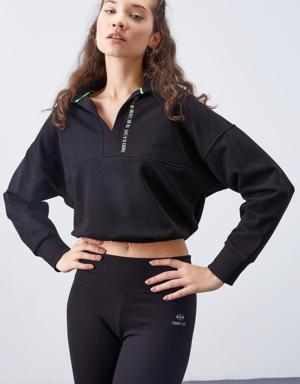 Siyah Polo Yaka Etek Ucu Büzgülü Kadın Oversize Sweatshirt - 97180
