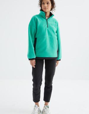 Deniz Yeşili Yarım Fermuar Etek Ucu Büzgülü Dik Yaka Oversize Kadın Polar Sweatshirt - 97236