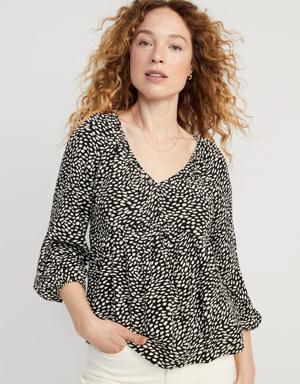 Long-Sleeve V-Neck Crinkled Boho Top black