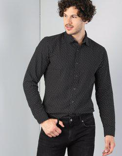 Modern Fit Shirt Neck Erkek Siyah Uzun Kol Gömlek