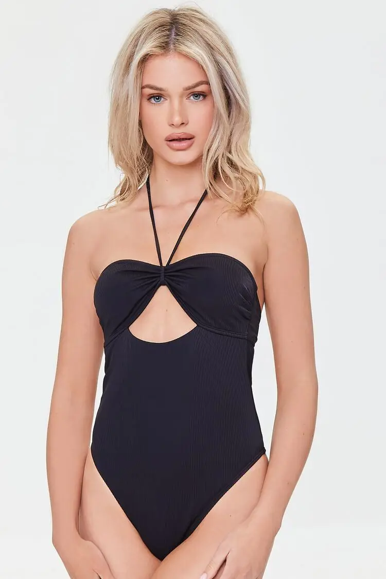 Forever 21 Forever 21 Cutout Halter One Piece Swimsuit Black. 1