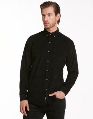 Siyah Comfort Fit Uzun Kol %100Pamuk Düz Klasik Gömlek