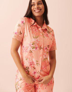 Recycled Fibers Lace Trim Short Sleeve Button-down Shirt