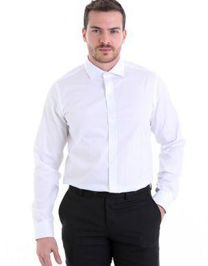 Beyaz Comfort Fit Desenli 100% Pamuk Uzun Kollu Spor Gömlek