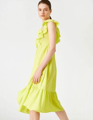 Midi Elbise Kısa Kollu Fırfırlı Gipe Detaylı