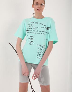 Mint Yeşili El Yazısı Baskılı O Yaka Kadın Oversize T-Shirt - 97137