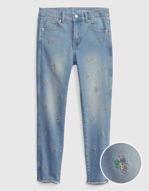 Kids High Rise Embroidered Vintage Slim Jeans with Washwell blue
