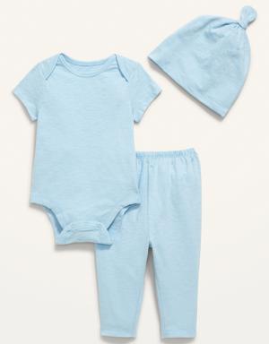 Unisex 3-Piece Slub-Knit Bodysuit, Pants & Hat Layette Set for Baby blue