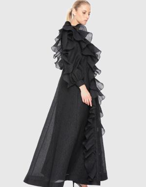 Ruffle Detailed Long Black Dress