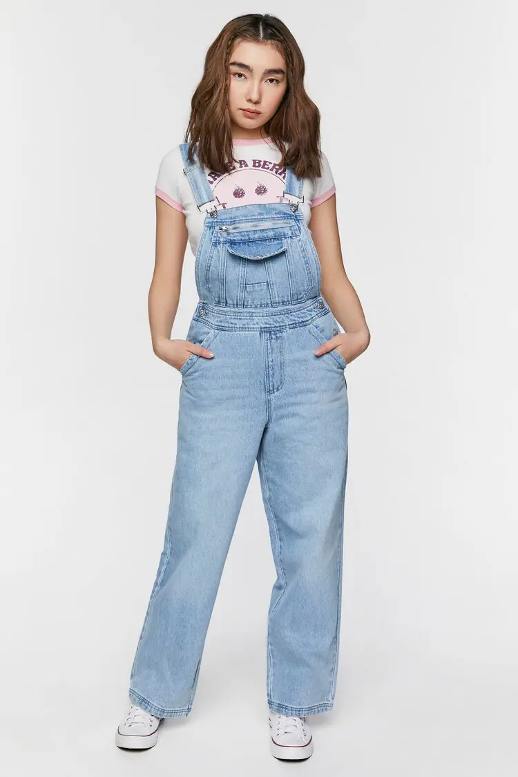 Forever 21 Forever 21 Denim Zip Pocket Straight Leg Overalls Light Denim. 1