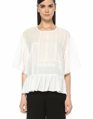 Beyaz Patchwork Detaylı Peplumlu Poplin Bluz