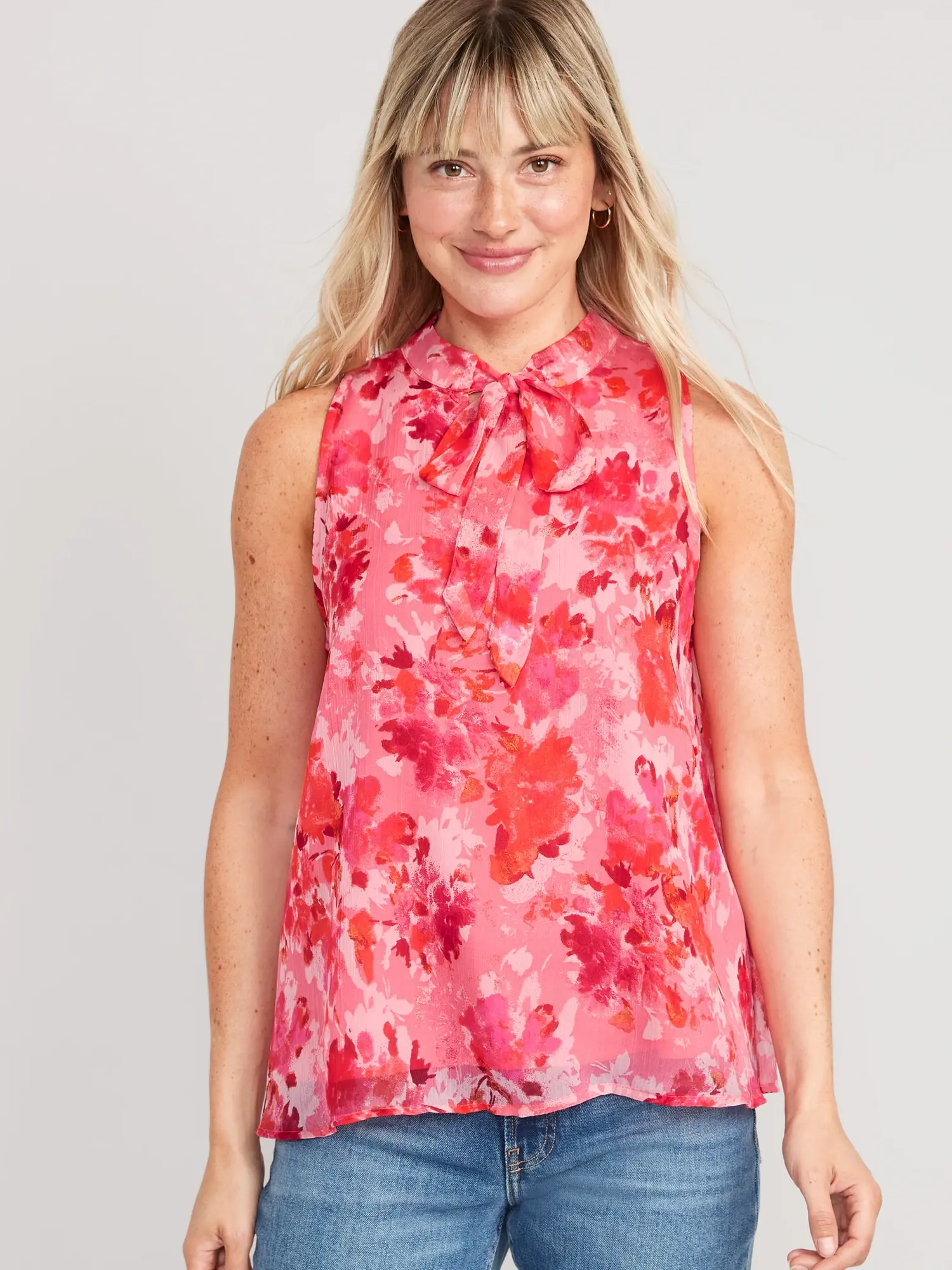 Old Navy High Neck Bow-Front Chiffon Top for Women pink. 1