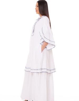 Ruffle Detailed Long Ecru Dress
