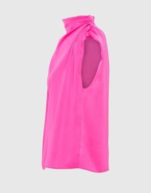Plunging Collar Zero Sleeve Pink Blouse