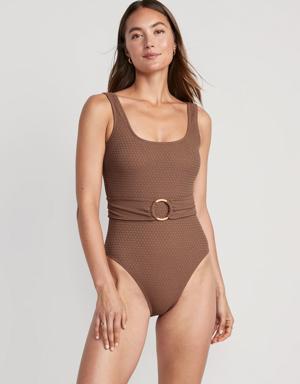 Belted Crochet One-Piece Swimsuit for Women beige