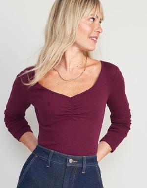 Long-Sleeve Cinched-Front Rib-Knit T-Shirt for Women purple