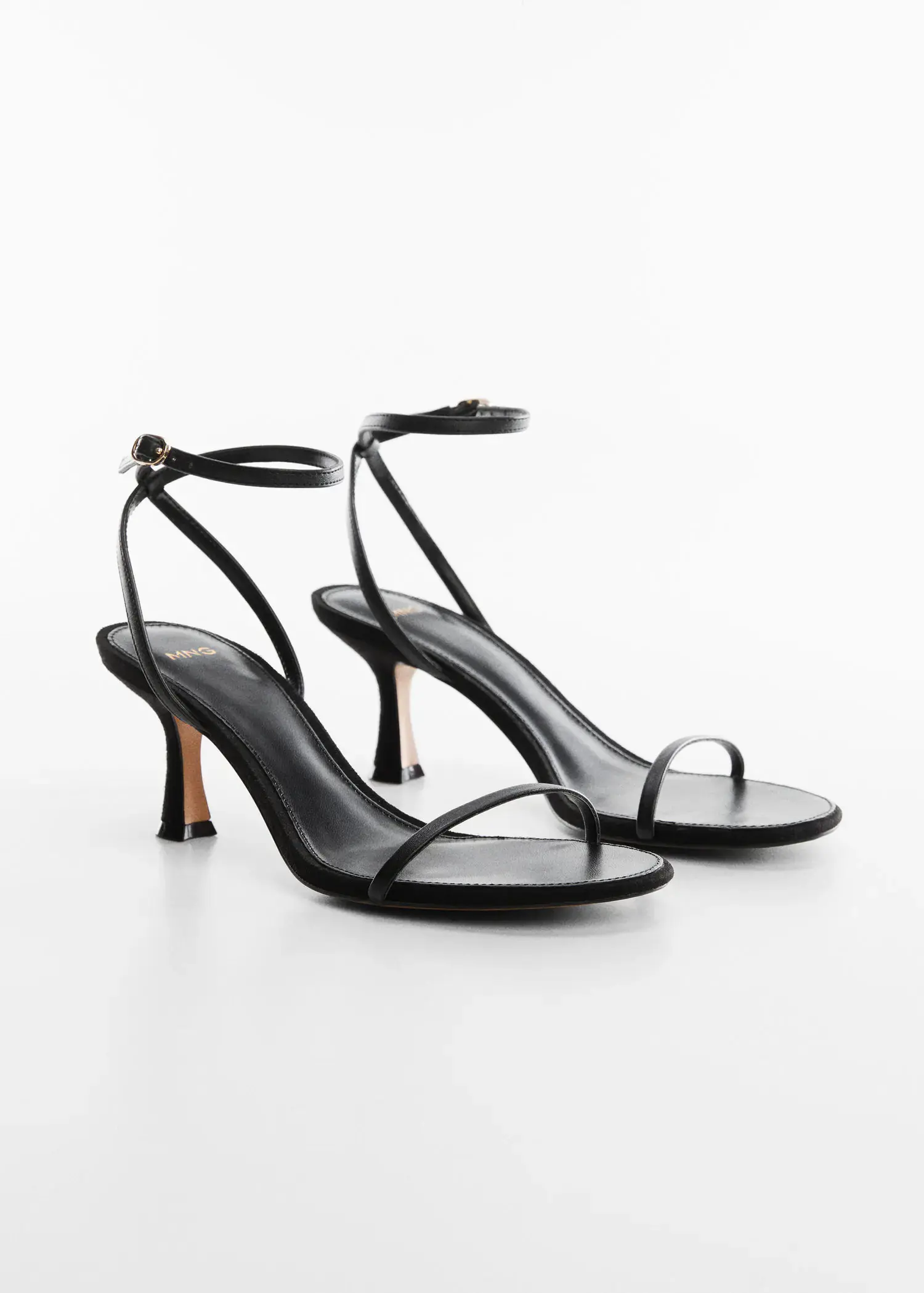 Mango Ankle-cuff heeled sandals. a pair of black high heeled sandals on a white surface. 