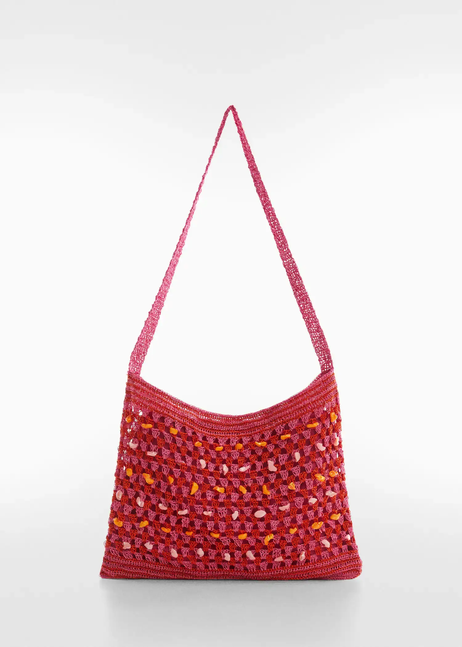 Mango Crochet bag with shell detail. a red purse with a yellow and red pattern. 