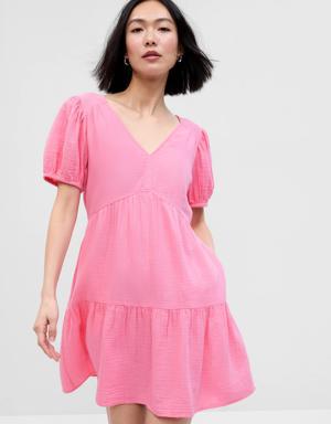 Gap Crinkle Gauze Puff Sleeve Tiered Mini Dress pink