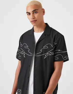 Forever 21 Embroidered Flame Shirt Black/White