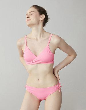 Neon Pembe Ribbed Basic Wrappy Bikini Üstü