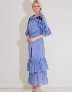 Embroidery Detailed Frilly Striped Voile Long Blue Dress