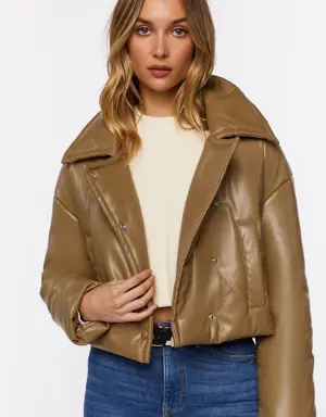 Forever 21 Faux Leather Foldover Puffer Jacket Taupe