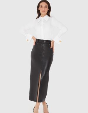 Black Leather Midi Skirt With Slit Detail
