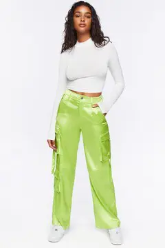 Forever 21 Forever 21 Satin Cargo Mid Rise Pants Lime. 2