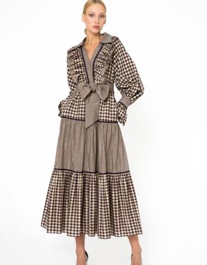 Ruffle And Collar Detailed Checked Long Dress