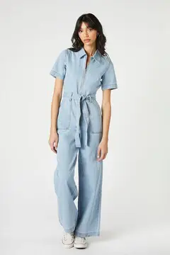 Forever 21 Forever 21 Tie Waist Wide Leg Jumpsuit Light Denim. 2