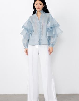 Transparent Blue Blouse with Voluminous Sleeves